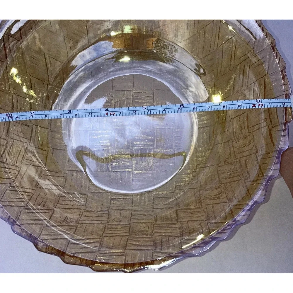 Vintage Amber Cross Cross Basket Weave Carnival Glass Serving Bowl. 9